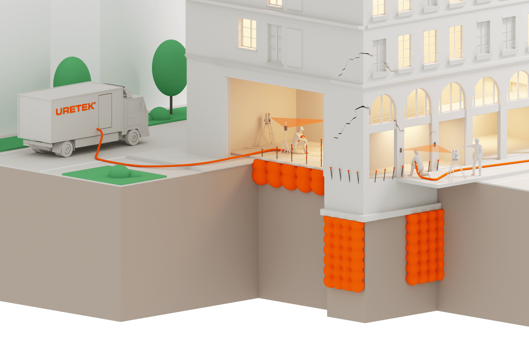 3D Bild der Durchführung von Gebäude- und Bodenplattenstabilisierung 3D Bild der Durchführung von Gebäude- und Bodenplattenstabilisierung